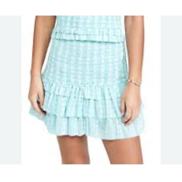 Saylor Womens Celina Smocked Ruffle Mini Skirt Turquoise Sz M Coquette Feminine - Picture 1 of 15